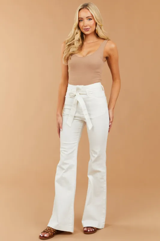 Flying Tomato Off White High Rise Waist Tie Belt Flare Jeans sold by Lime Lush