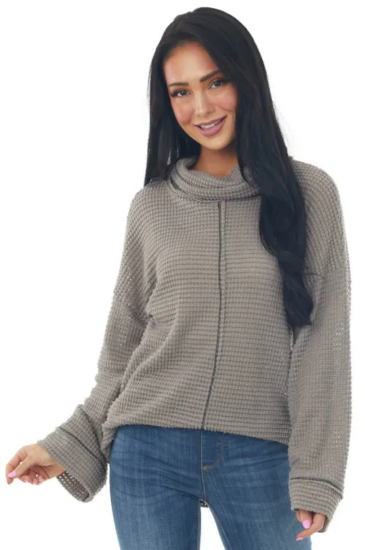 Taupe Waffle Knit Long Sleeve Top with Cowl Neckline sold by Lime Lush
