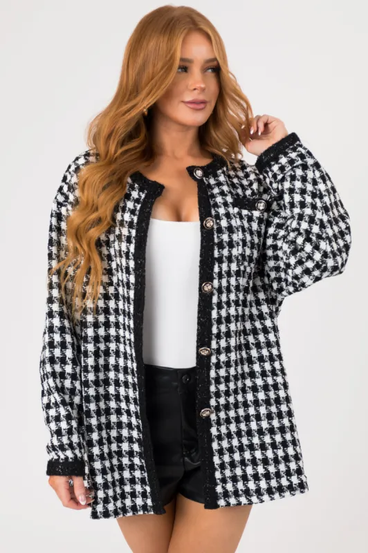 Black Houndstooth Woven Tweed Jacket sold by Lime Lush