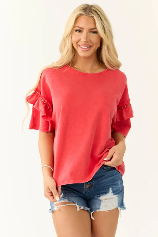 Crimson Studded Detail Half Ruffle Sleeve Top sold by Lime Lush