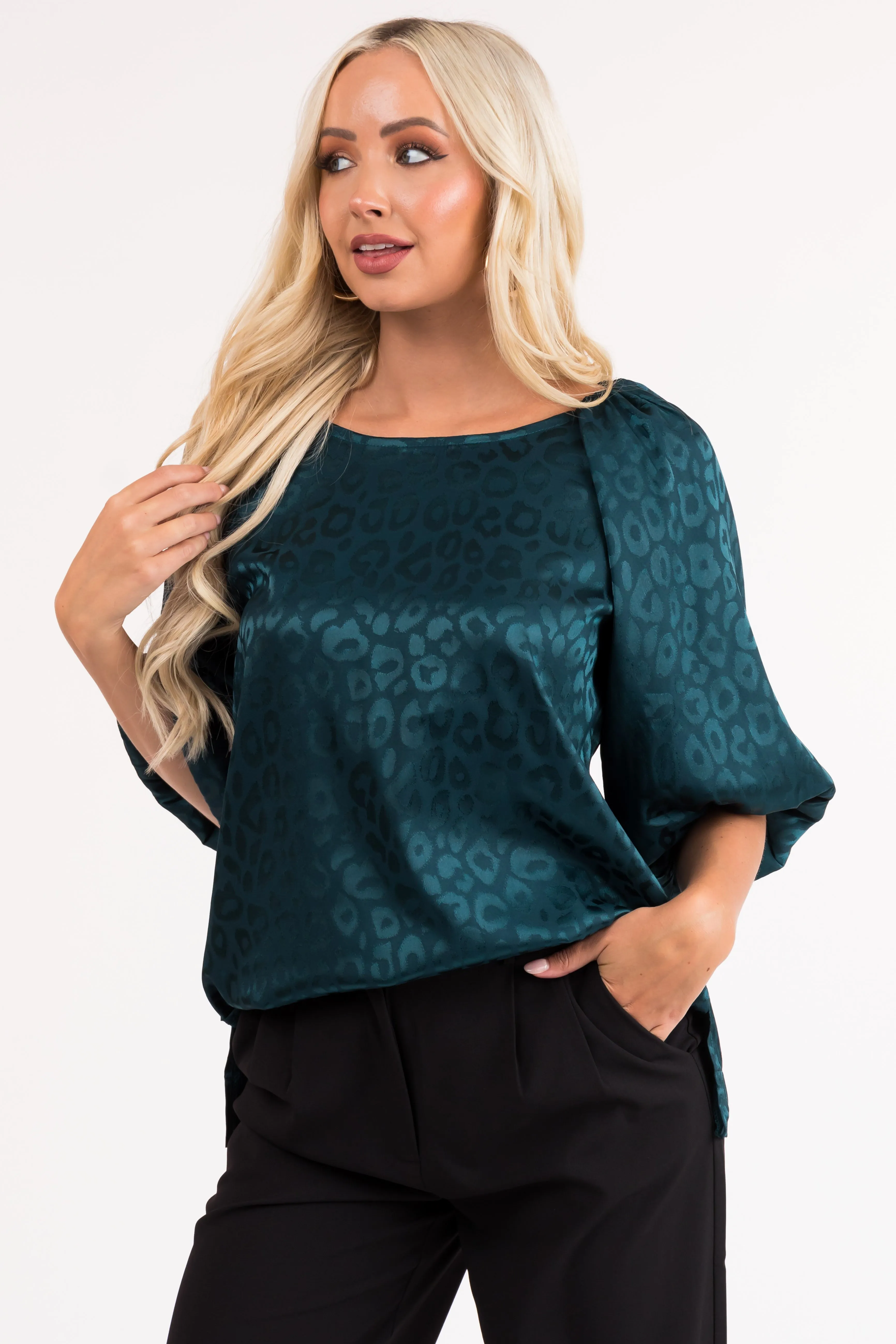 Pine Animal Print Puff Sleeve Satin Top sold by Lime Lush