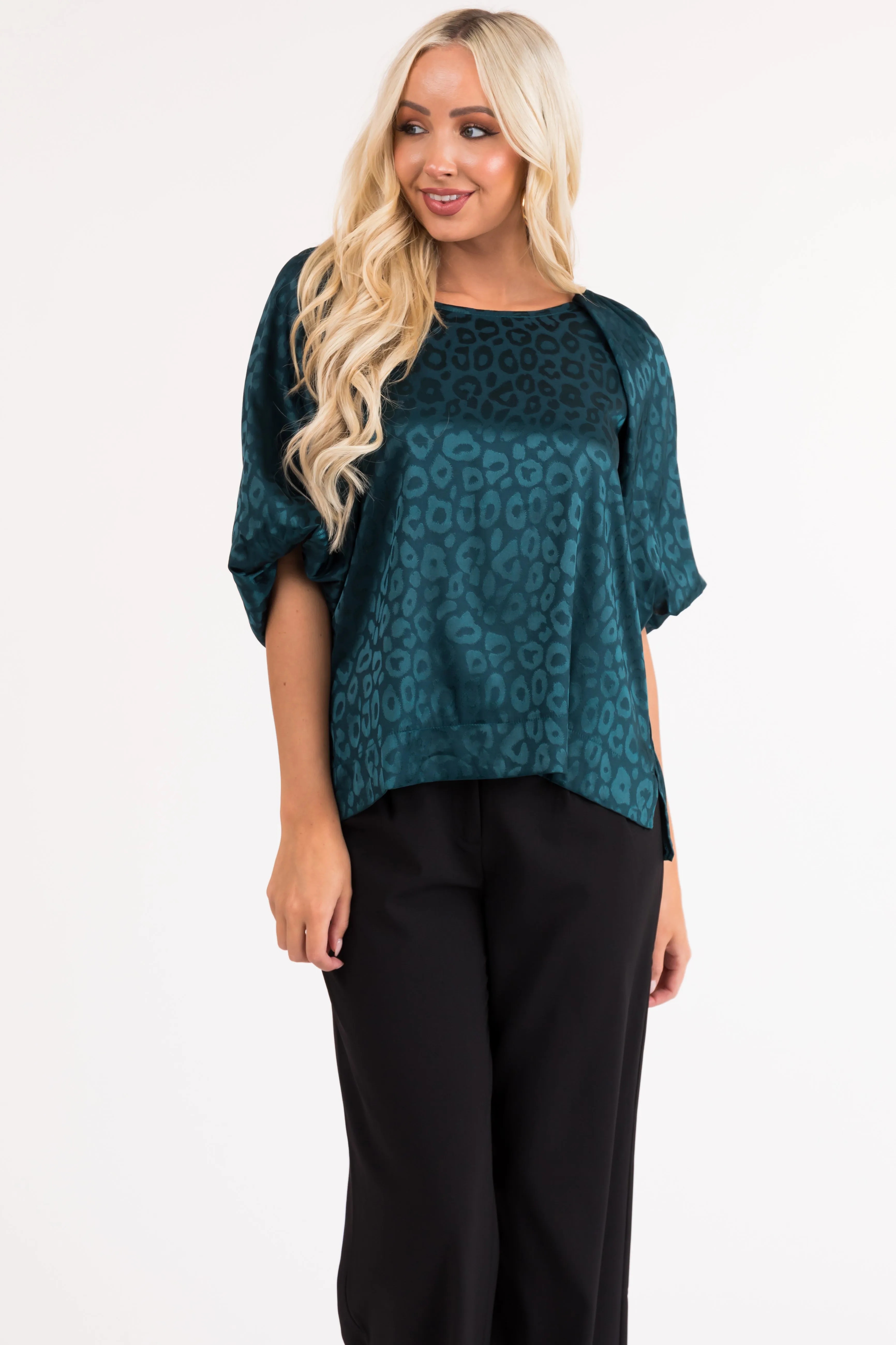 Pine Animal Print Puff Sleeve Satin Top sold by Lime Lush product image thumbnail 2