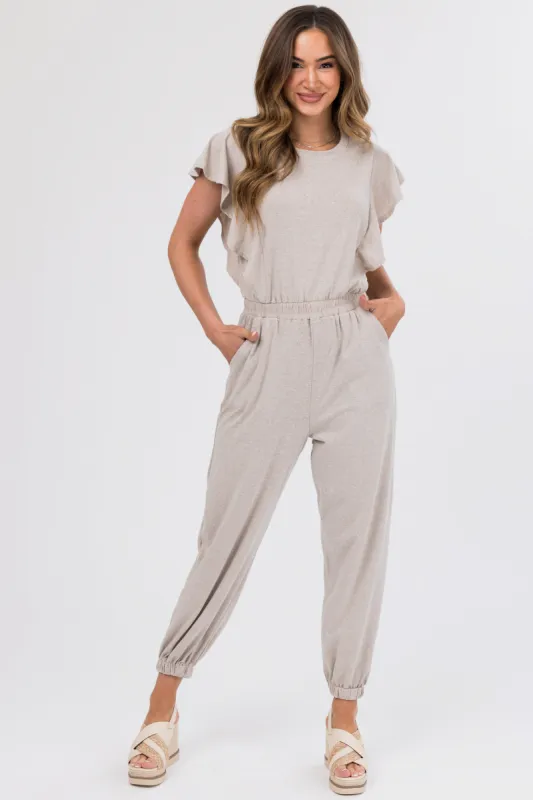 Oatmeal Ruffle Short Sleeve Soft Knit Jumpsuit sold by Lime Lush