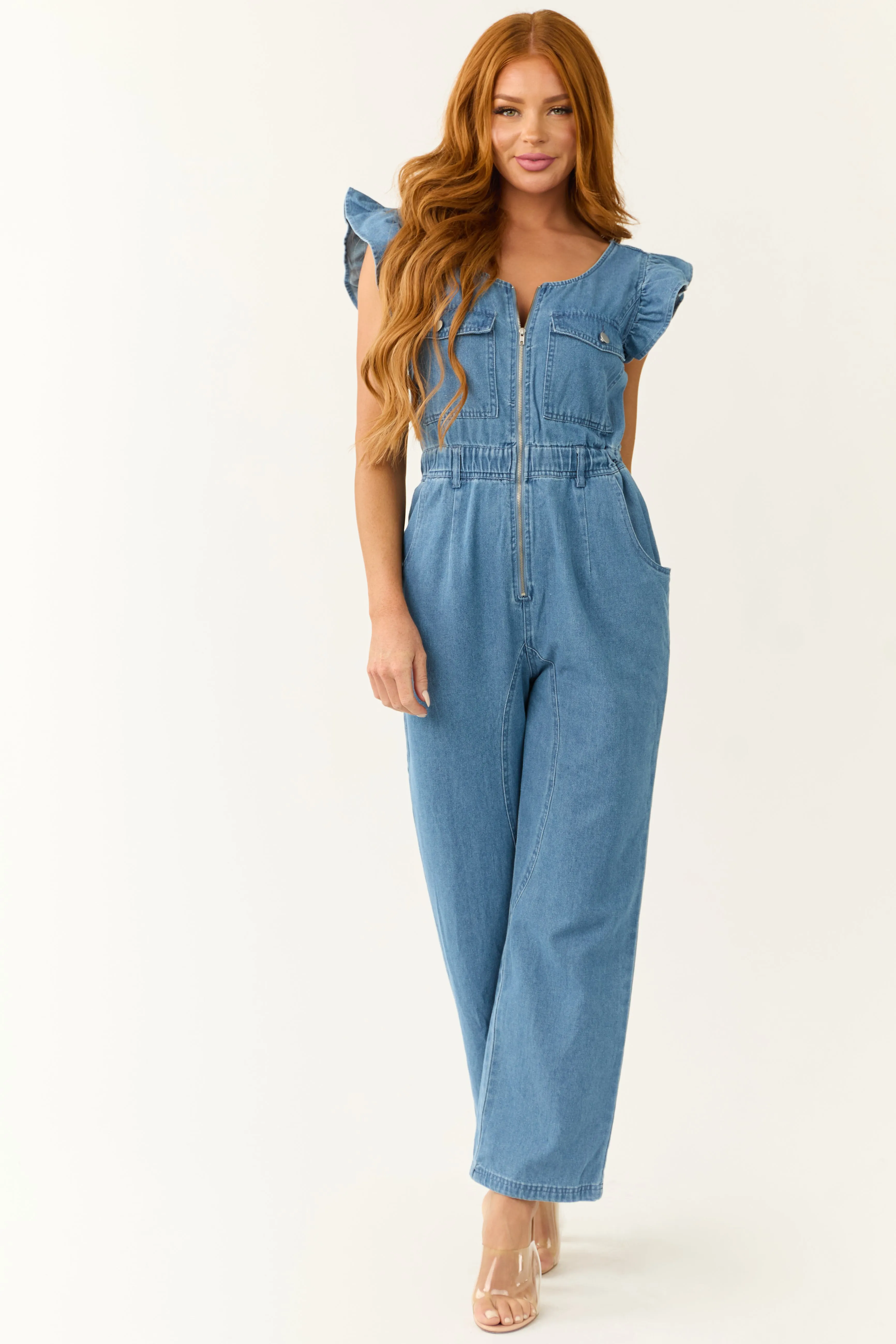 Medium Wash Denim Zip Up Ruffle Sleeve Jumpsuit sold by Lime Lush product image thumbnail 3