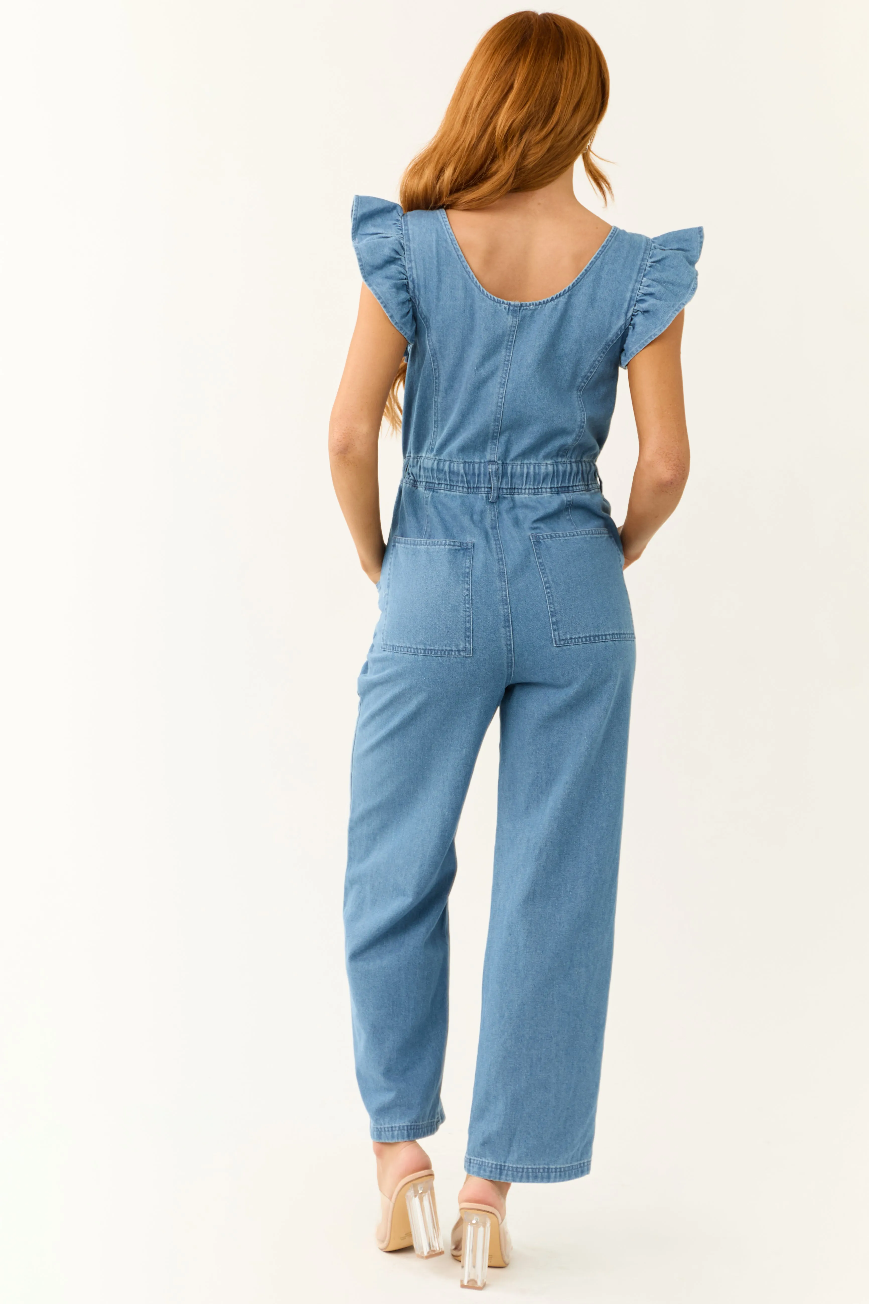 Medium Wash Denim Zip Up Ruffle Sleeve Jumpsuit sold by Lime Lush product image thumbnail 5