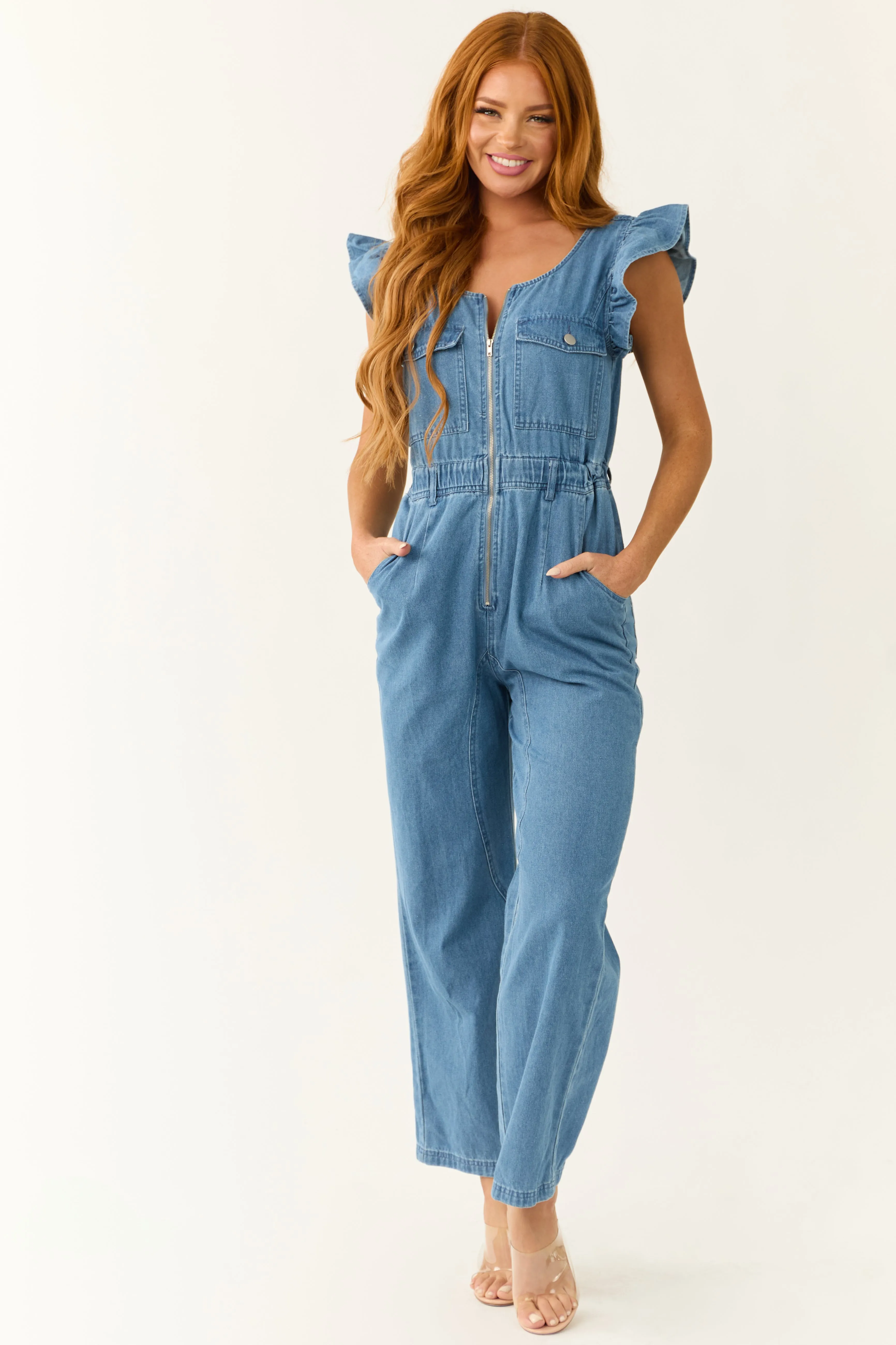 Medium Wash Denim Zip Up Ruffle Sleeve Jumpsuit sold by Lime Lush product image thumbnail 2