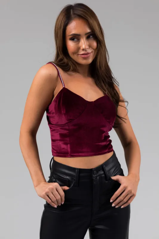 Wine Rhinestone Strap Velvet Bustier Crop Top sold by Lime Lush