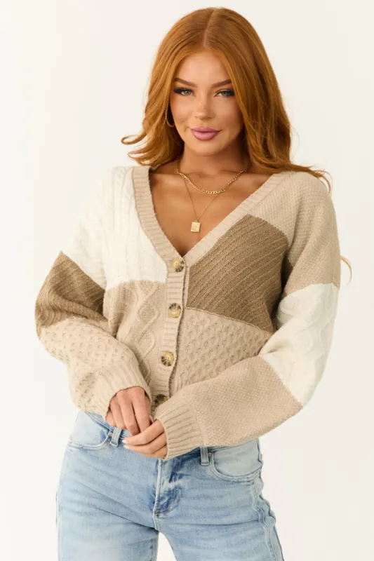 Oatmeal Colorblock Printed Knit Cardigan sold by Lime Lush