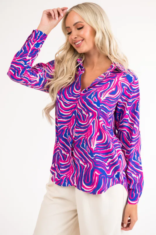 Magenta and Cobalt Abstract Button Up Blouse sold by Lime Lush