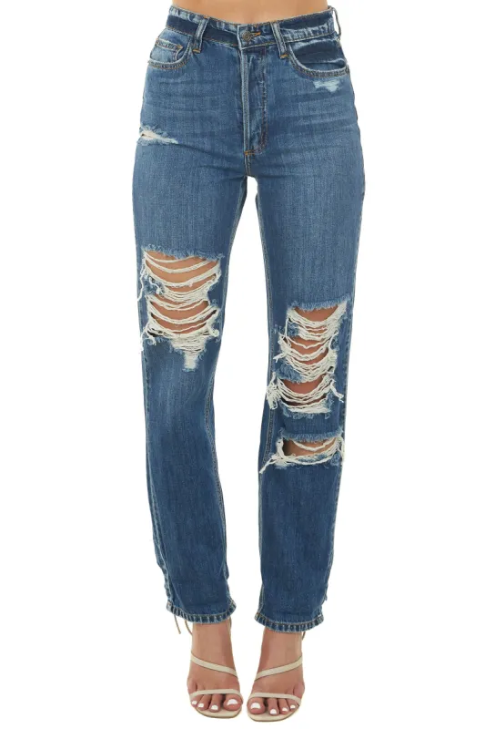 Cello Medium Wash High Rise Heavily Distressed Jeans sold by Lime Lush