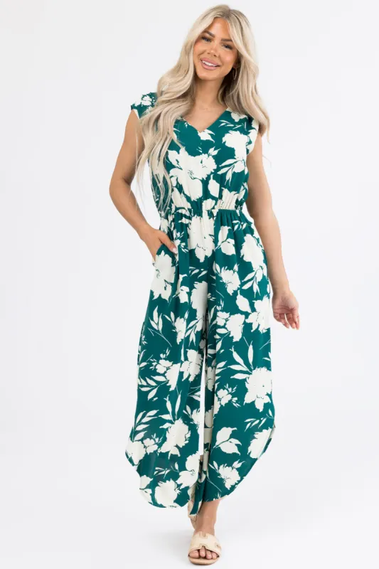 Pine and Cream Floral Print V Neck Jumpsuit sold by Lime Lush