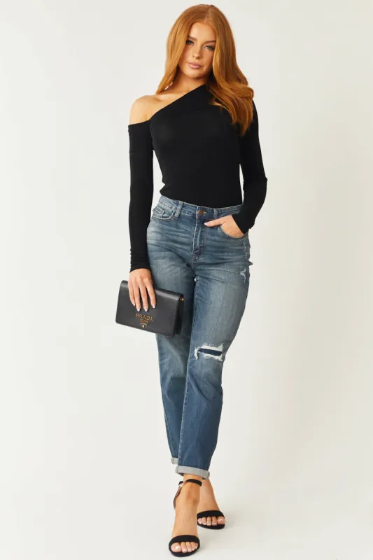 Judy Blue Medium High Rise Shredded Knee Boyfriend Jeans sold by Lime Lush