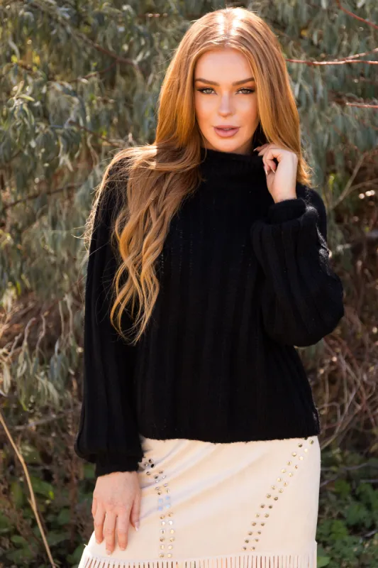 Black Ribbed High Neck Raglan Sweater sold by Lime Lush