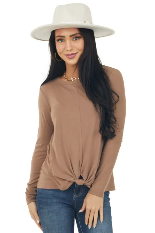 Coffee Long Sleeve Knit Top with Twist Detail sold by Lime Lush