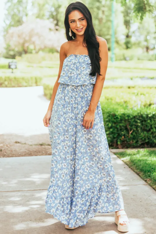 She+Sky Powder Blue Floral Sleeveless Smocked Jumpsuit sold by Lime Lush