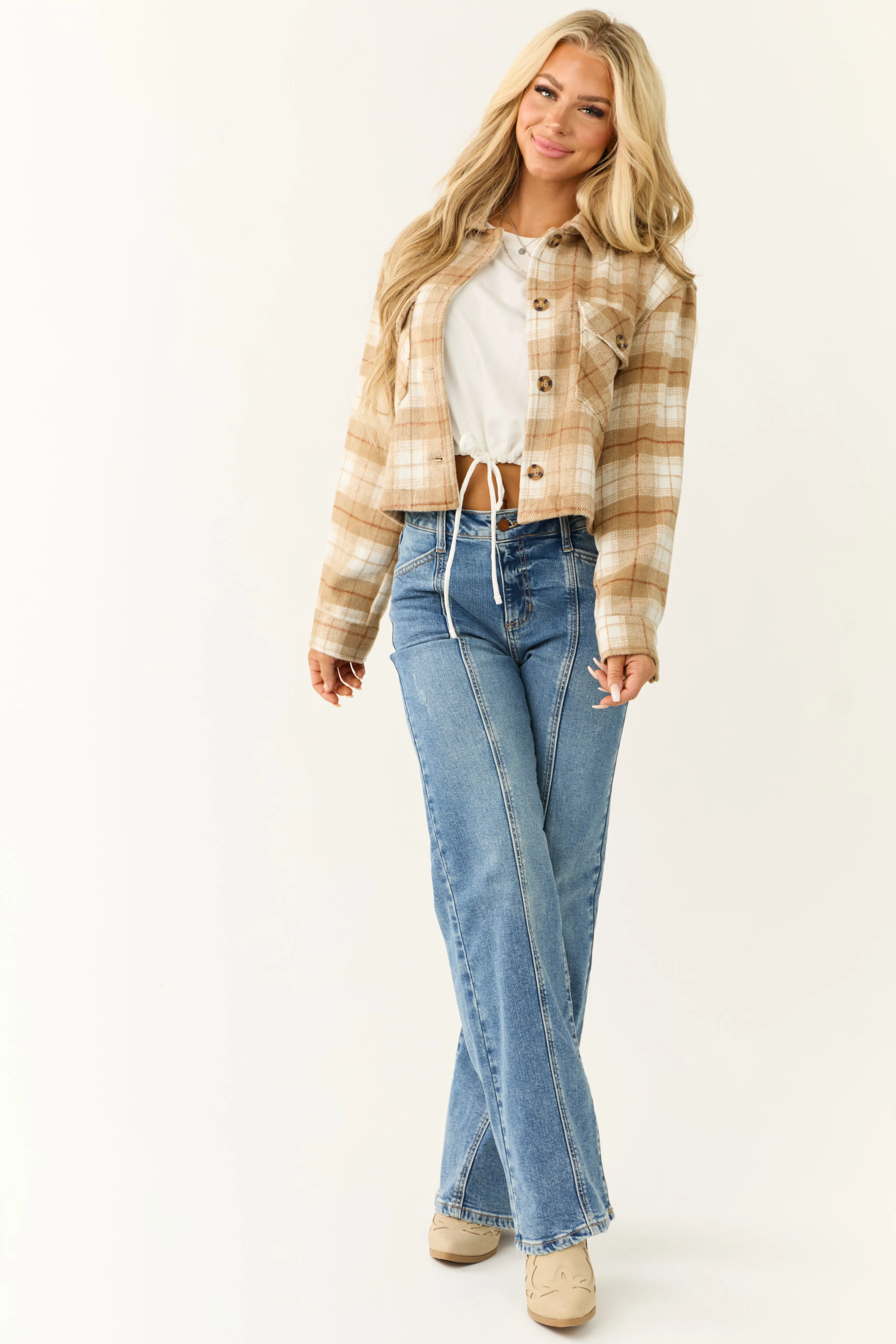 Camel Plaid Soft Fleece Cropped Shirt Jacket sold by Lime Lush product image thumbnail 3
