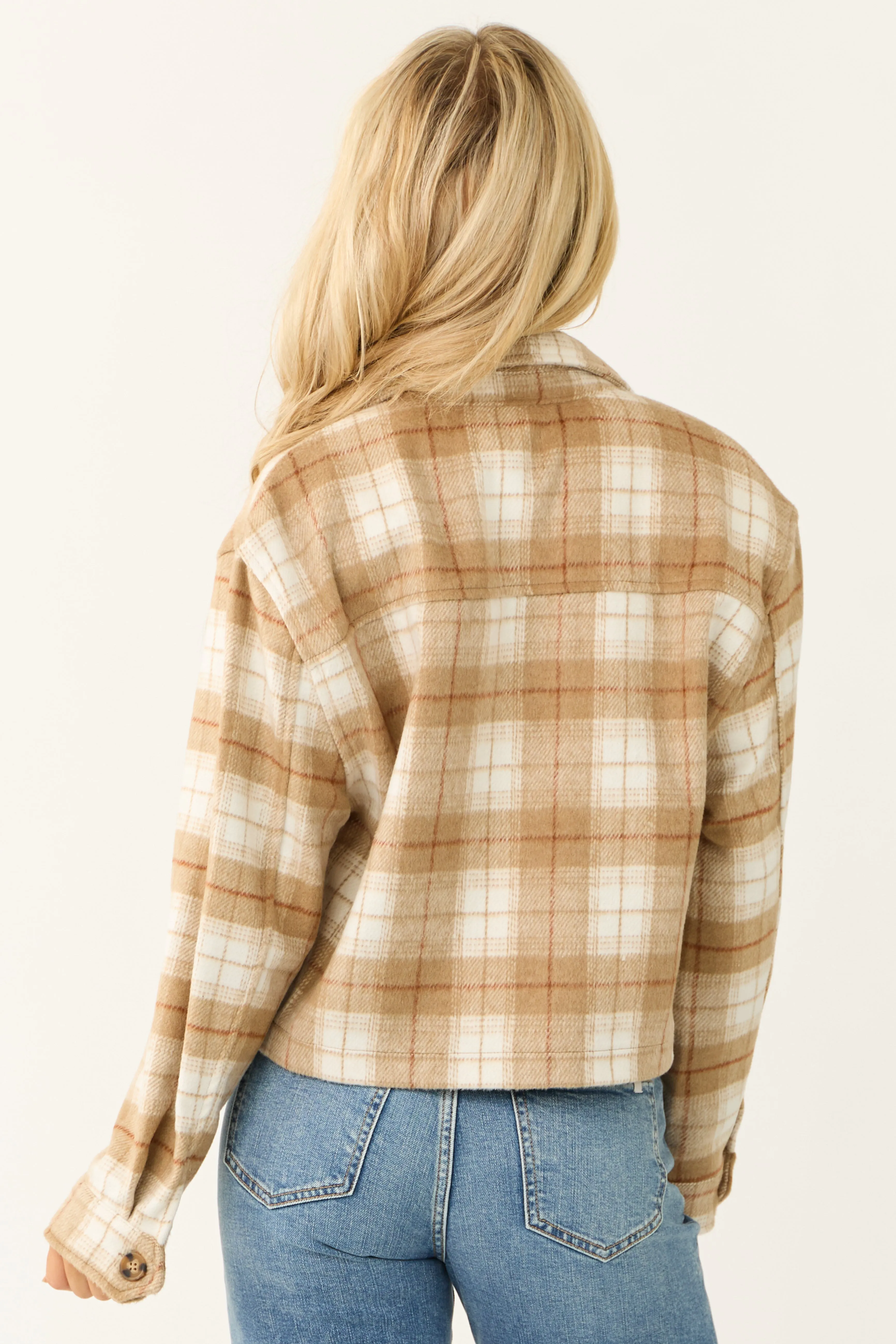 Camel Plaid Soft Fleece Cropped Shirt Jacket sold by Lime Lush product image thumbnail 5