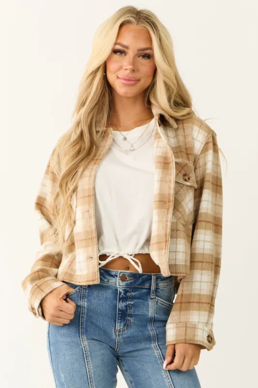 Camel Plaid Soft Fleece Cropped Shirt Jacket sold by Lime Lush