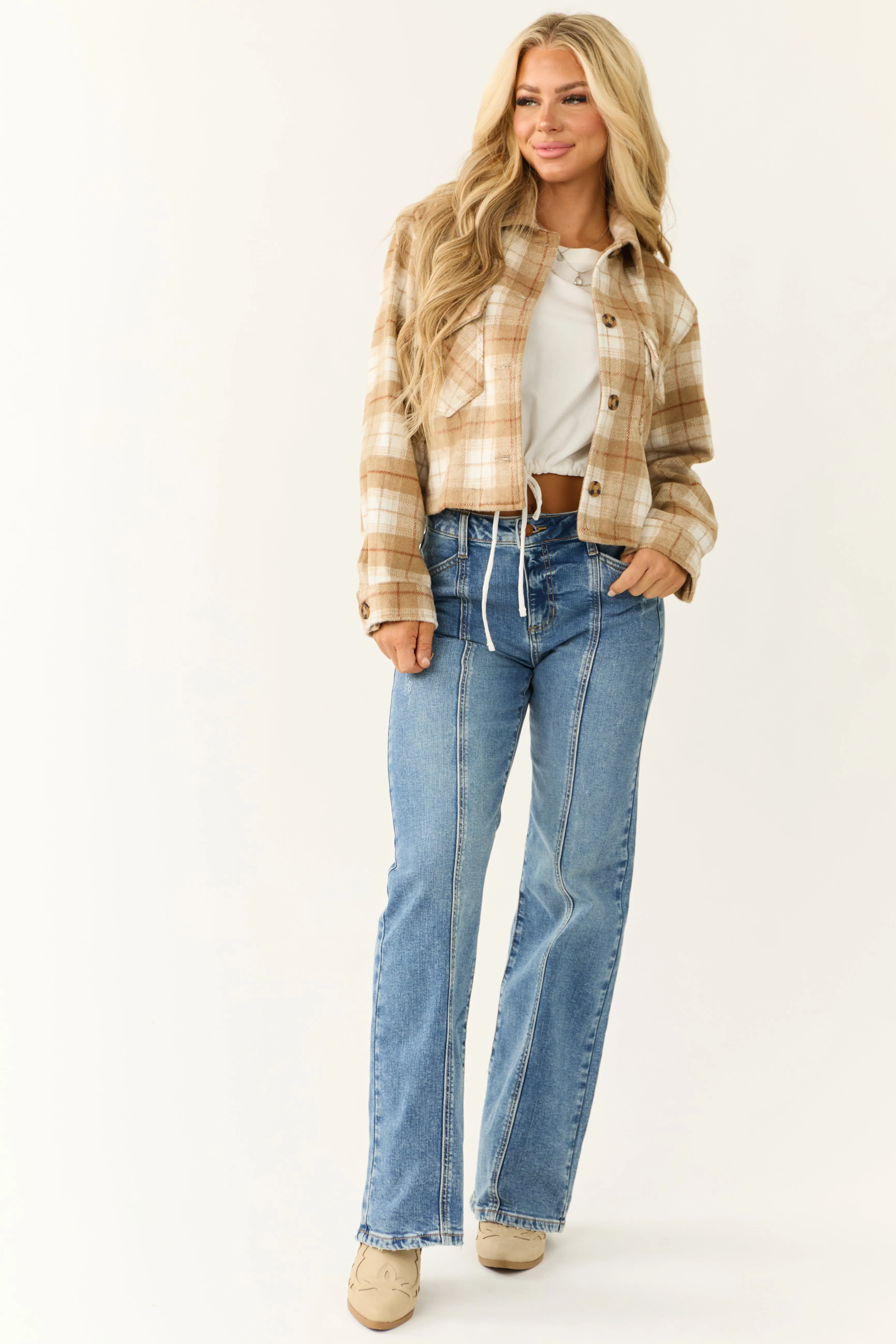 Camel Plaid Soft Fleece Cropped Shirt Jacket sold by Lime Lush product image thumbnail 2