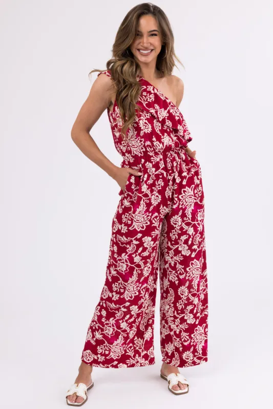 Ruby Floral Print One Shoulder Ruffle Jumpsuit sold by Lime Lush