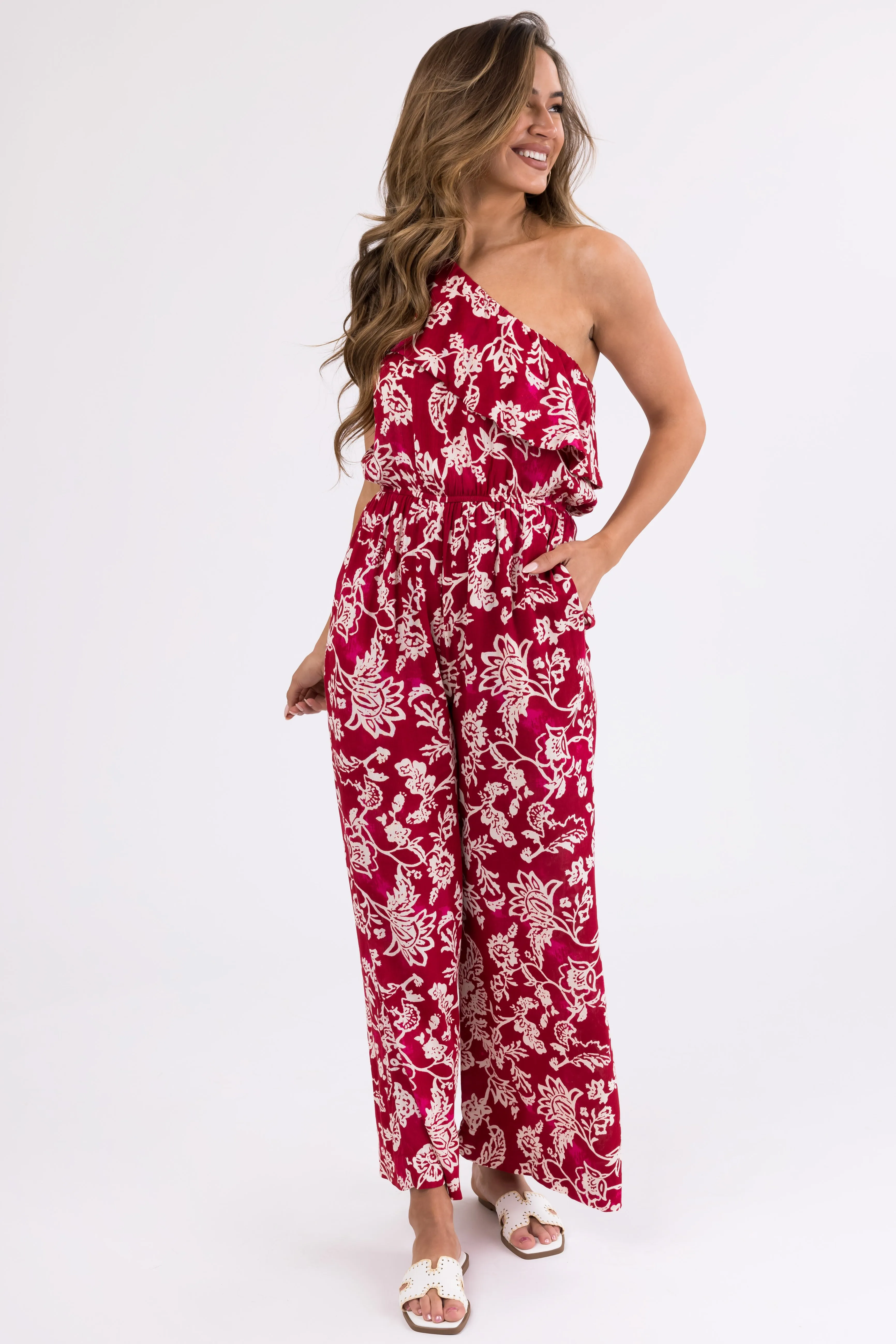Ruby Floral Print One Shoulder Ruffle Jumpsuit sold by Lime Lush product image thumbnail 2