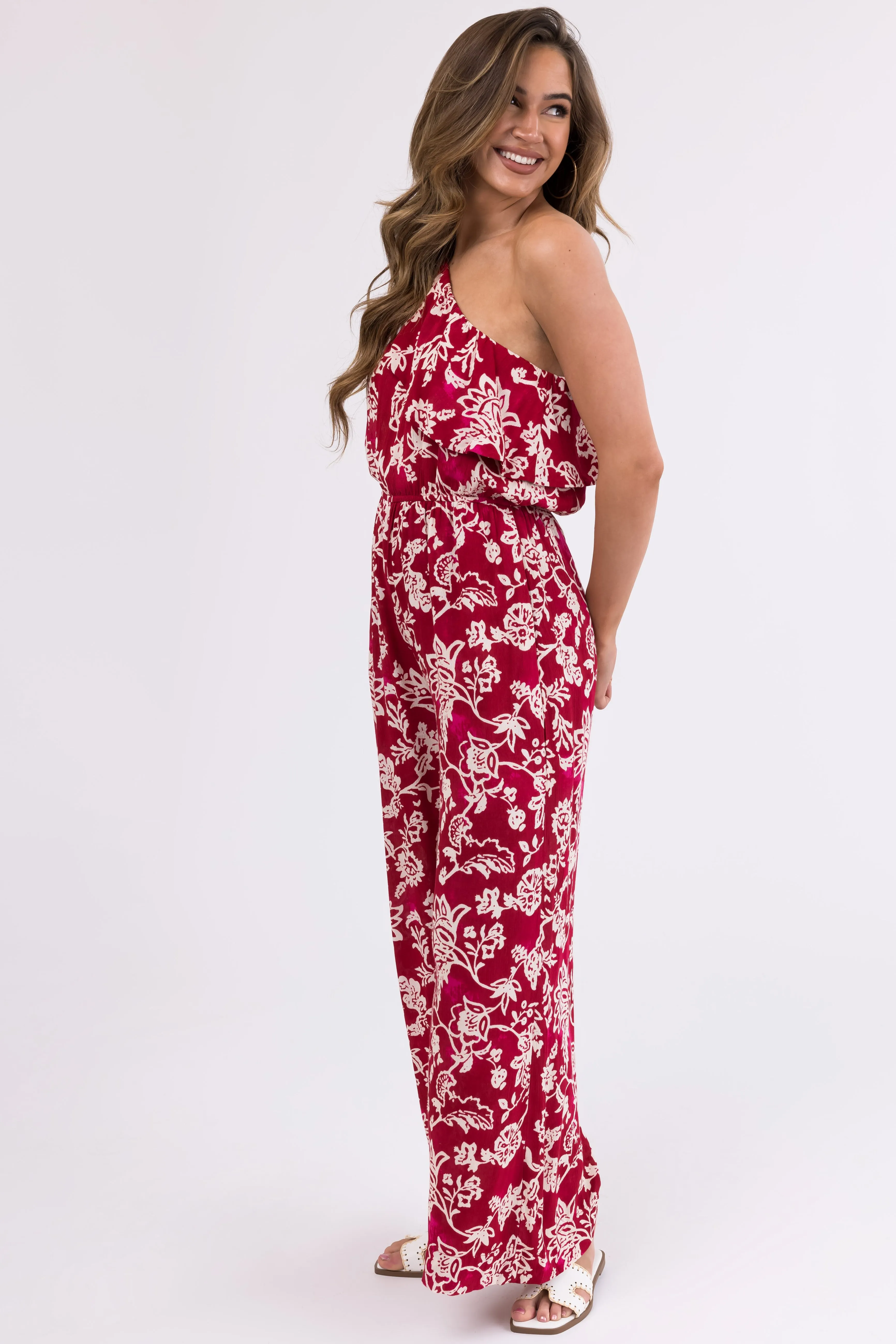 Ruby Floral Print One Shoulder Ruffle Jumpsuit sold by Lime Lush product image thumbnail 4