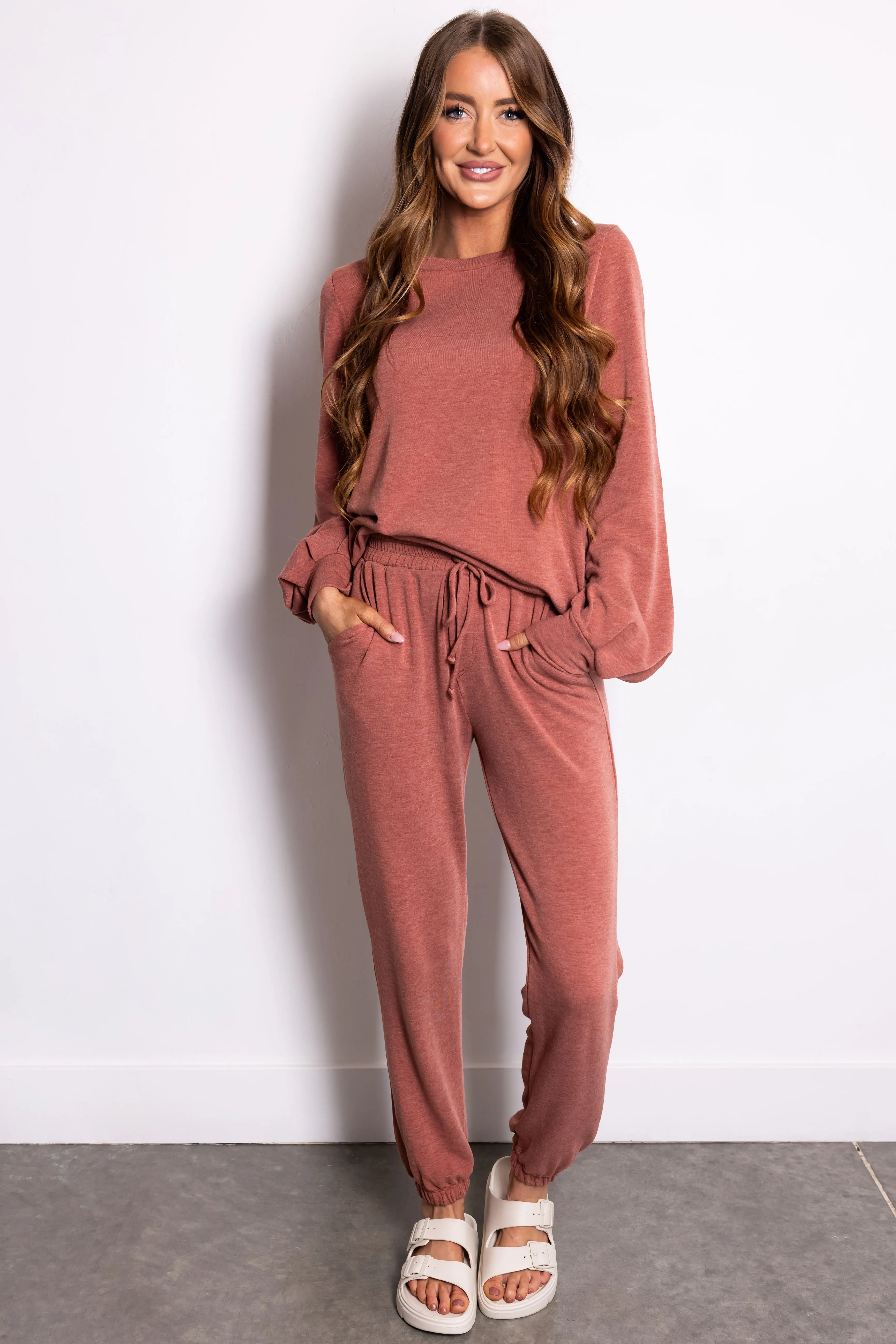 Heathered Rust Soft Knit Sweatpants sold by Lime Lush