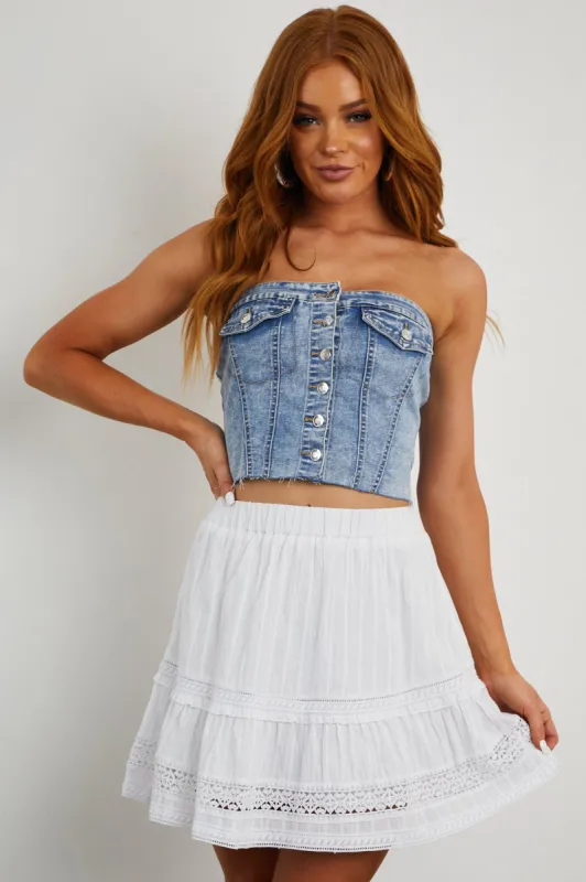 Off White Crochet Trim Tiered Mini Skirt sold by Lime Lush