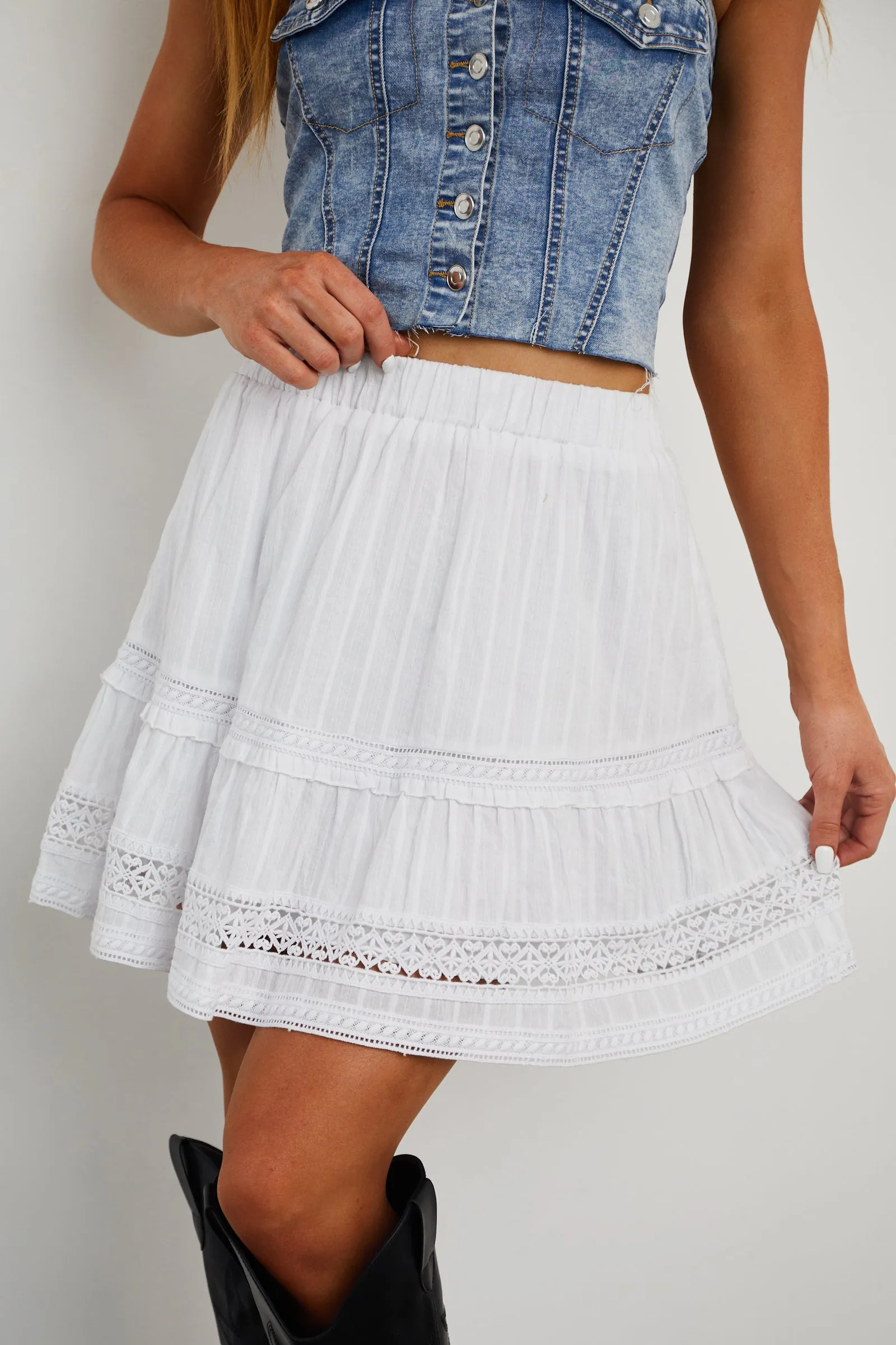 Off White Crochet Trim Tiered Mini Skirt sold by Lime Lush product image thumbnail 2