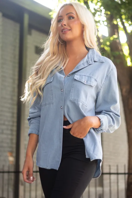 Light Chambray Button Down Long Sleeve Top sold by Lime Lush