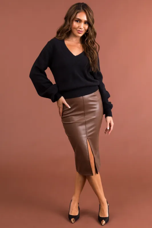 Sienna Faux Leather Front Slit Midi Skirt sold by Lime Lush