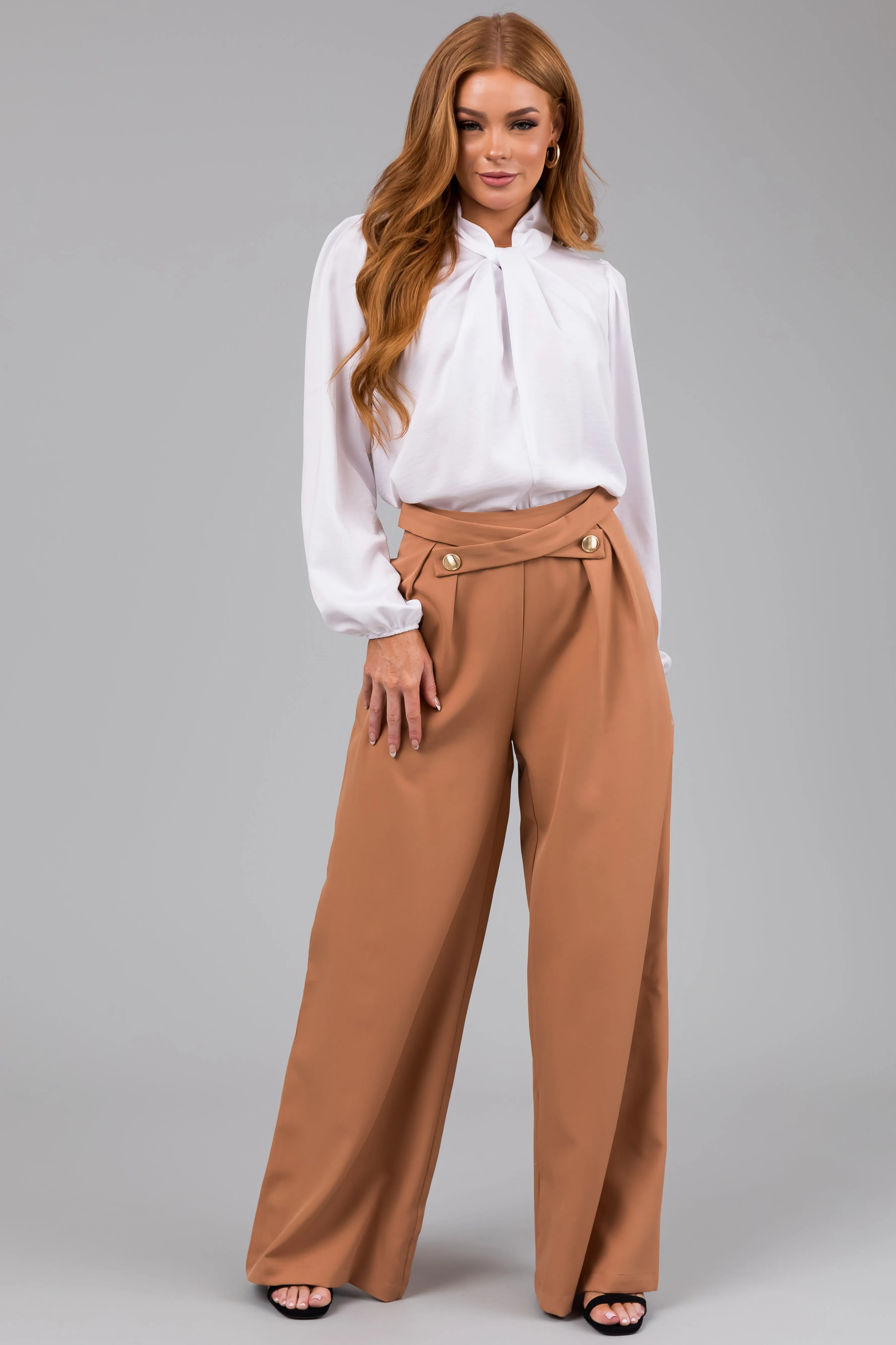 Sandstone Criss Cross Button Wide Leg Pants sold by Lime Lush