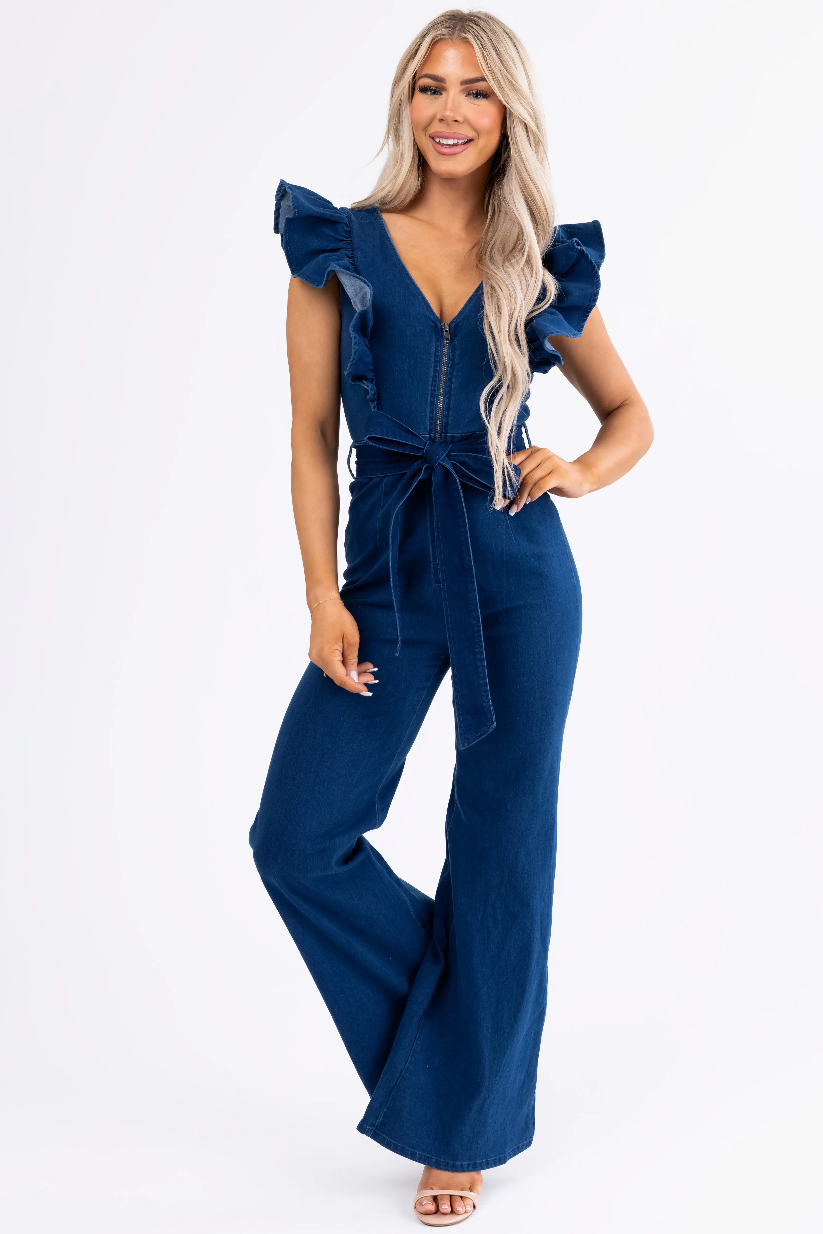 Flying Tomato Dark Wash Denim Zip Up Jumpsuit sold by Lime Lush product image thumbnail 2