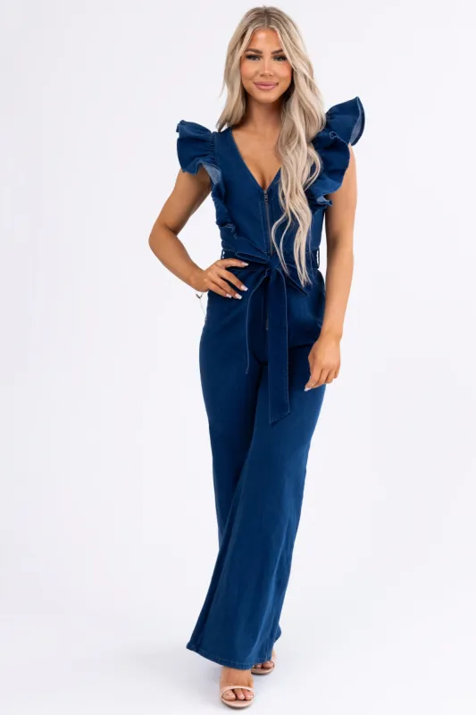 Flying Tomato Dark Wash Denim Zip Up Jumpsuit sold by Lime Lush