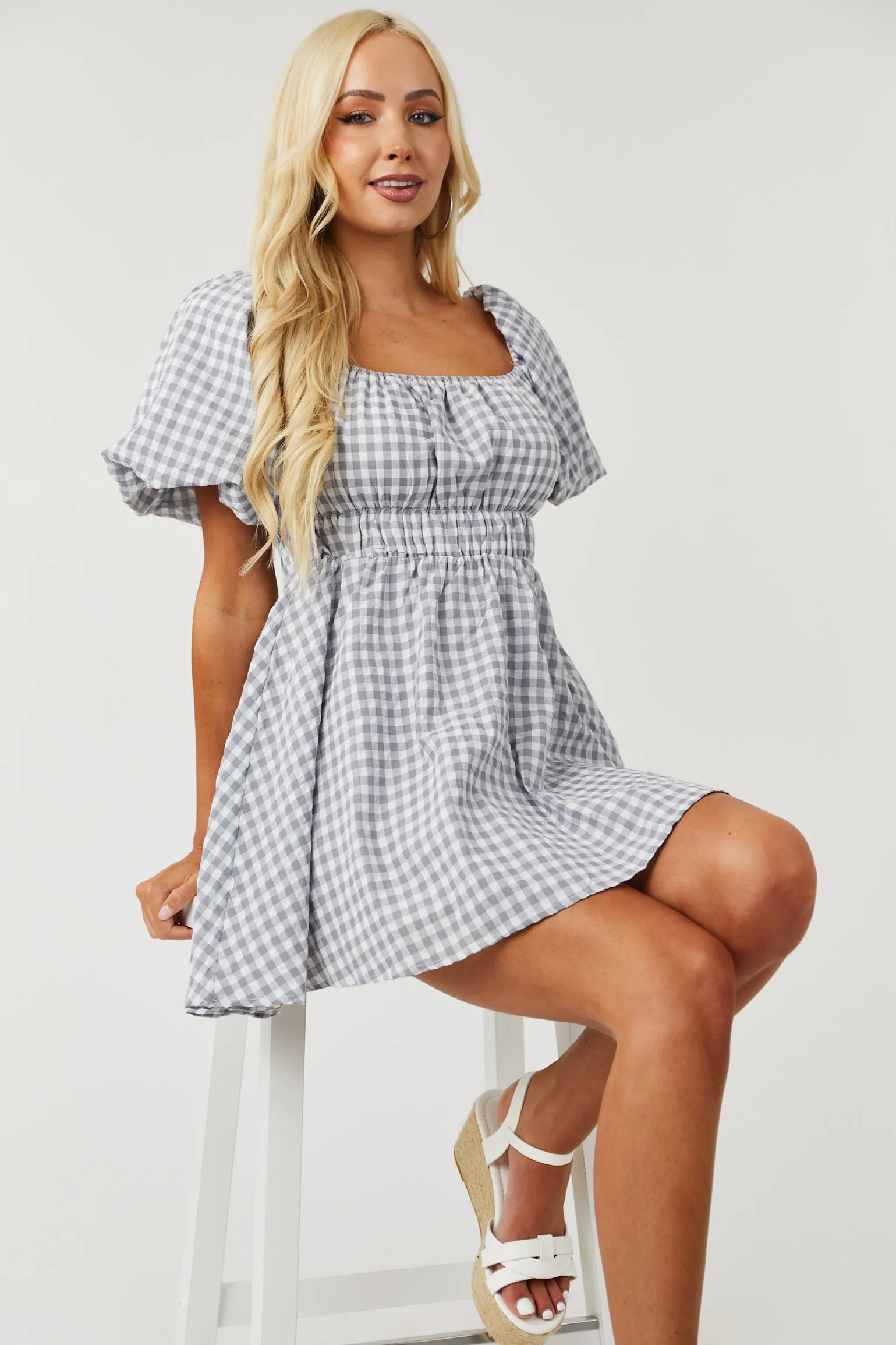 Stone and Off White Gingham Mini Dress sold by Lime Lush product image thumbnail 5