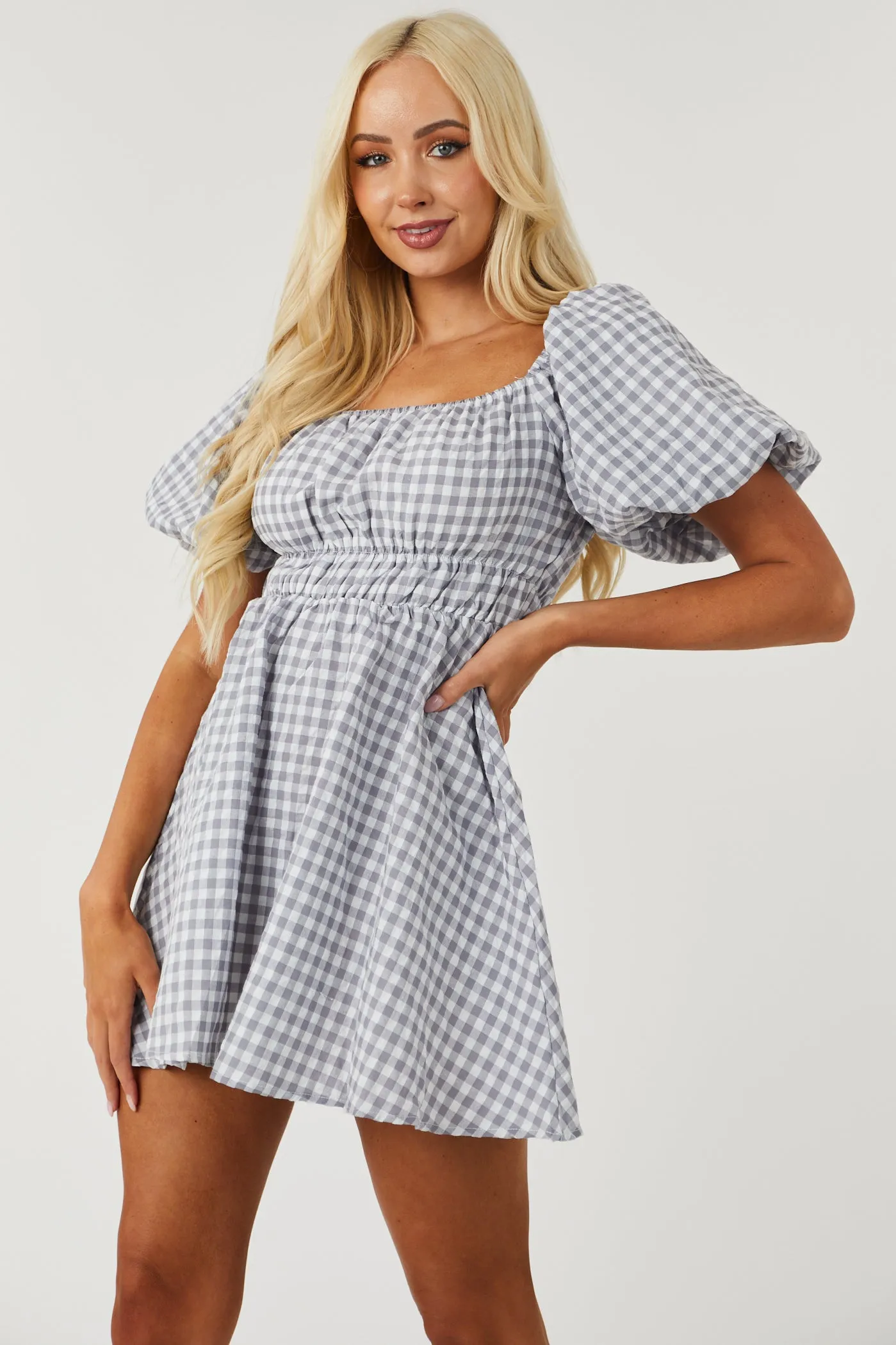 Stone and Off White Gingham Mini Dress sold by Lime Lush product image thumbnail 2