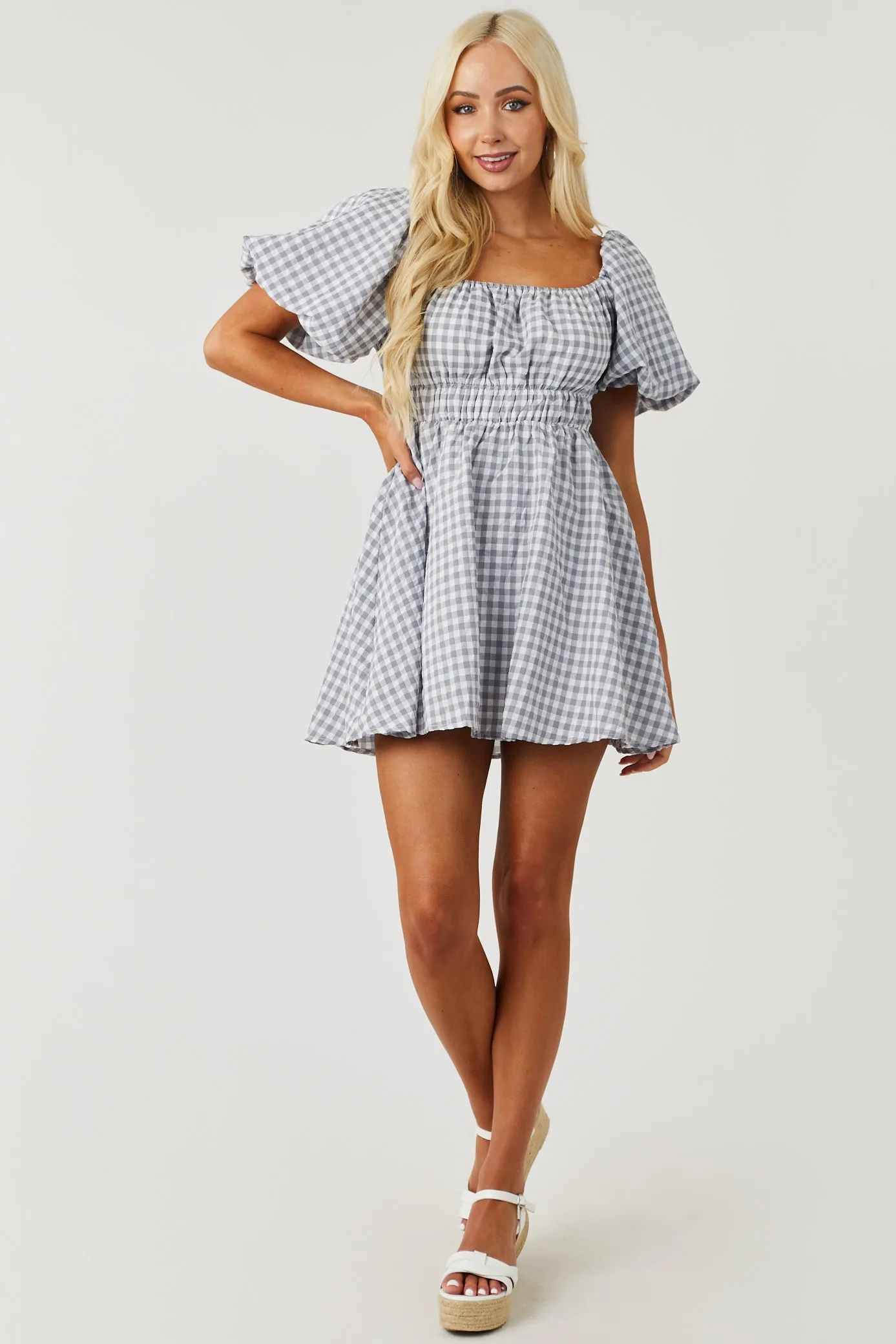Stone and Off White Gingham Mini Dress sold by Lime Lush product image thumbnail 3