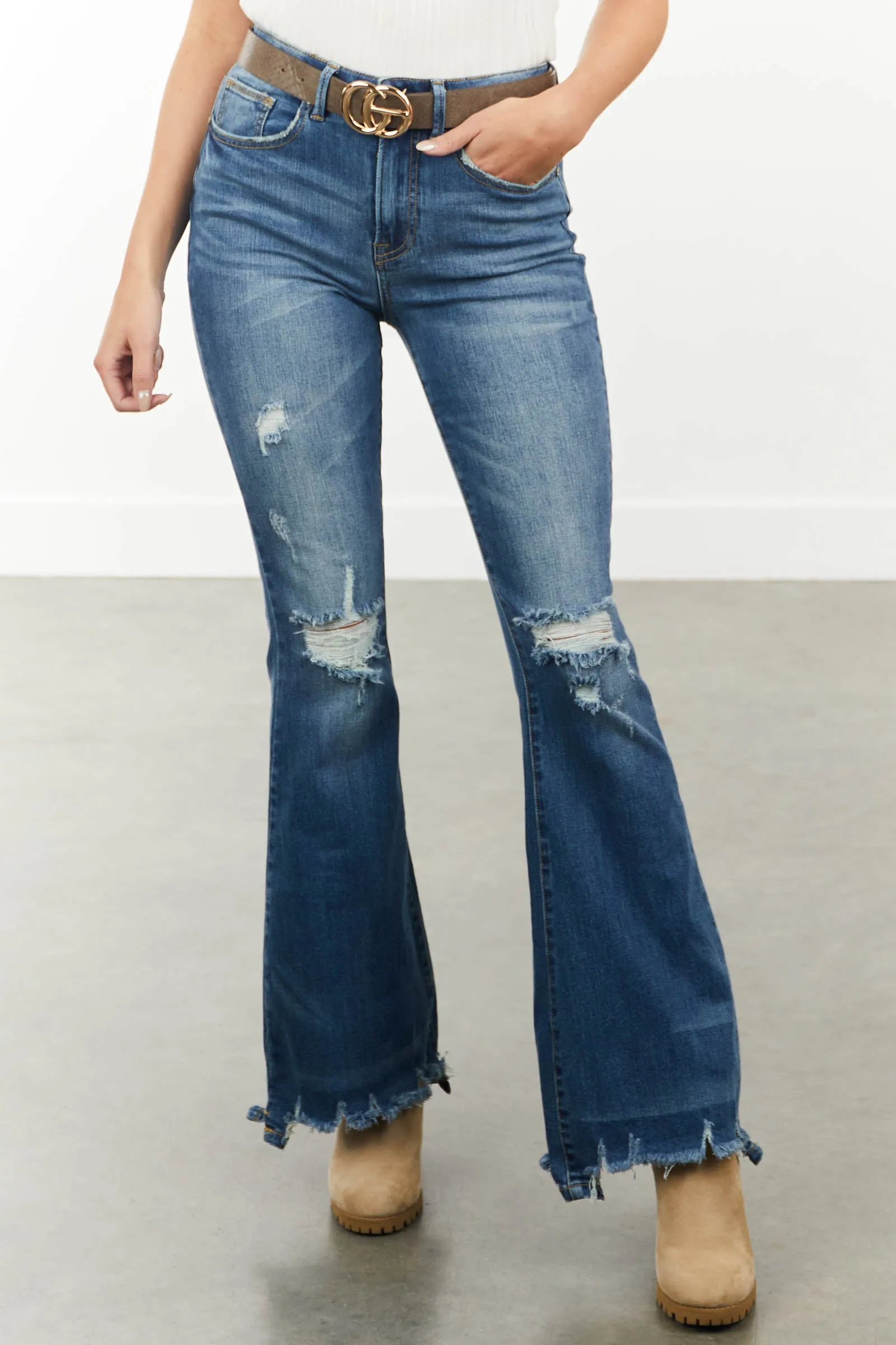 Special A Medium High Rise Flare Cut Distressed Jeans sold by Lime Lush