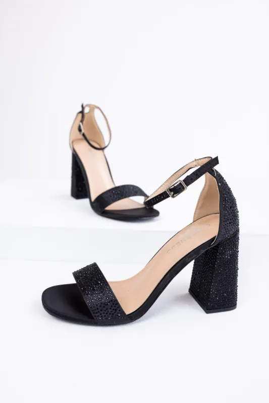 Black Sequined Satin Block Heels sold by Lime Lush