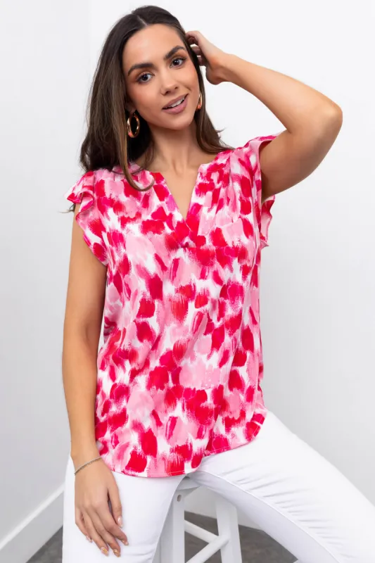 Hot Pink Brush Stroke Notch Neck Ruffle Sleeve Top sold by Lime Lush