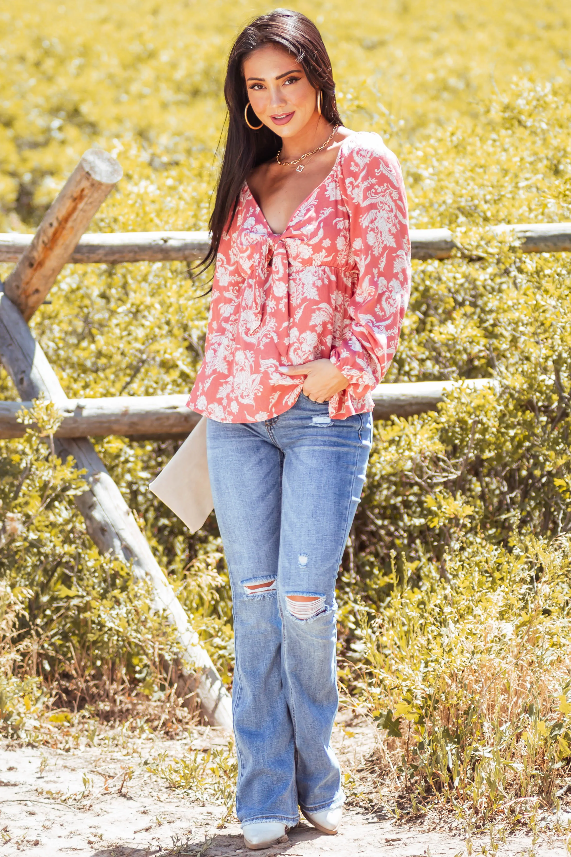 Coral Floral Long Sleeve Front Tie Blouse sold by Lime Lush product image thumbnail 2