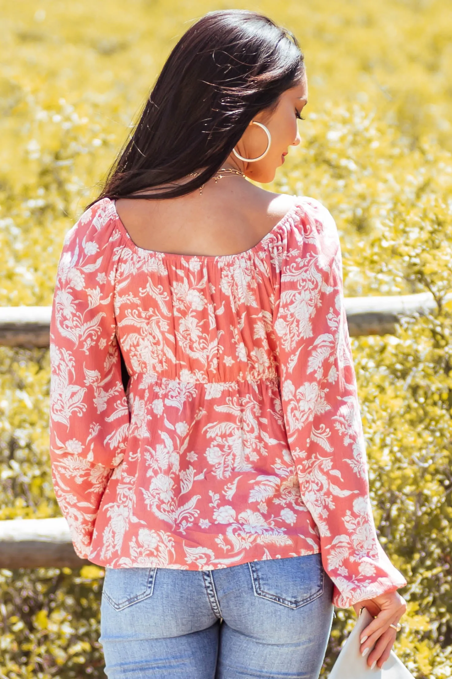Coral Floral Long Sleeve Front Tie Blouse sold by Lime Lush product image thumbnail 4