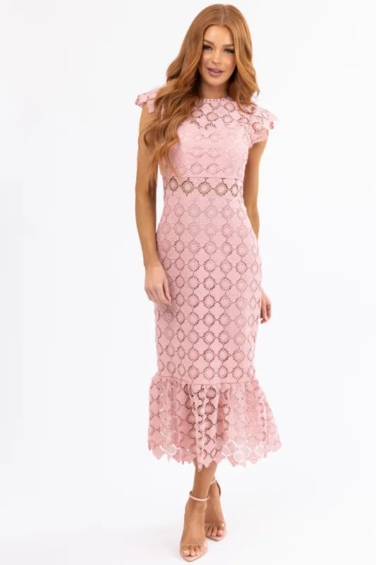 Dusty Pink Eyelet Lace Ruffle Hem Midi Dress sold by Lime Lush