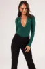 Hunter Green Deep V Bodysuit with Snap Buttons sold by Lime Lush