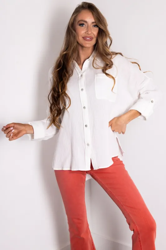 Off White Button Down Collared Long Sleeve Top sold by Lime Lush