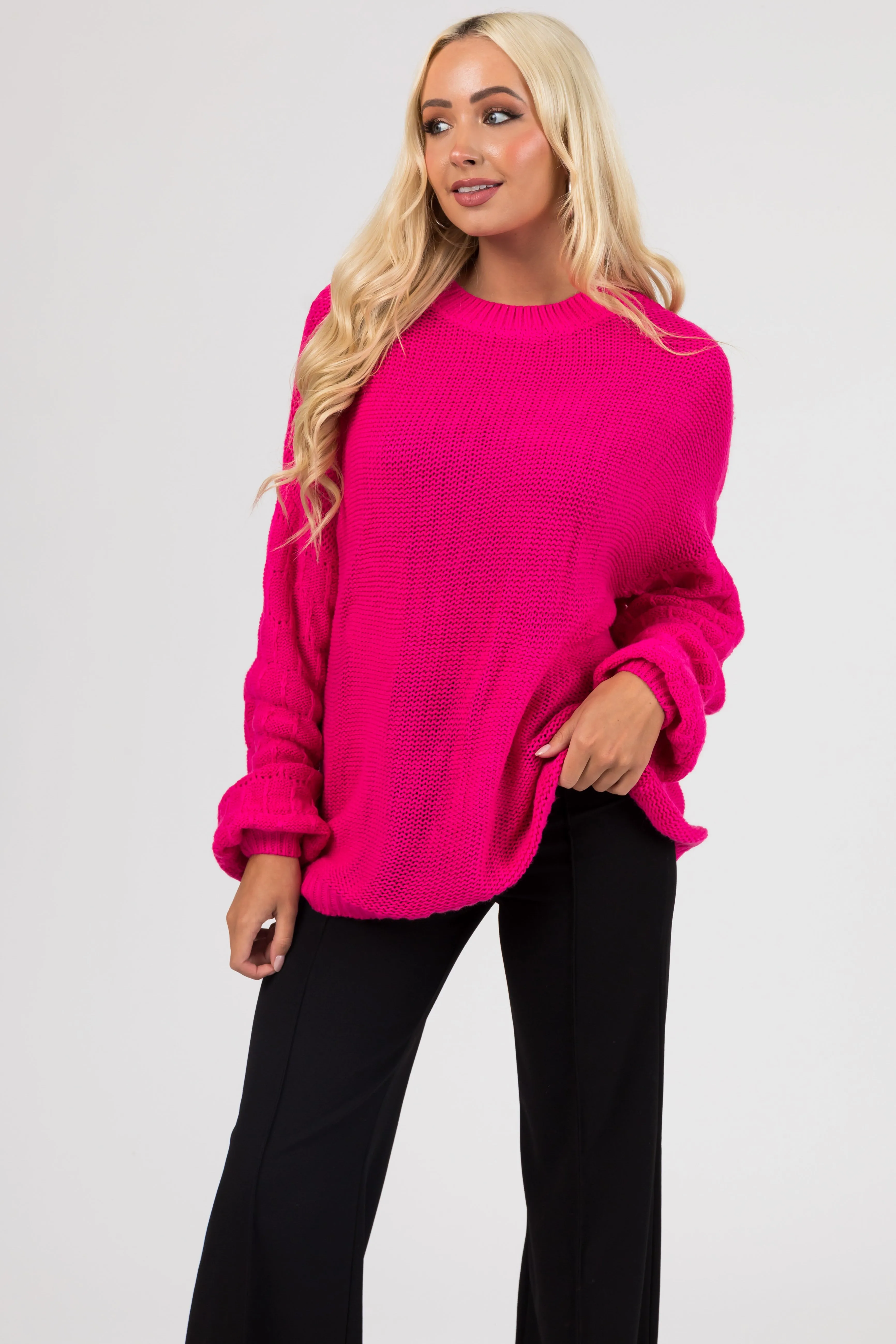 Hot Pink Checkered Textured Sleeve Sweater sold by Lime Lush product image thumbnail 3