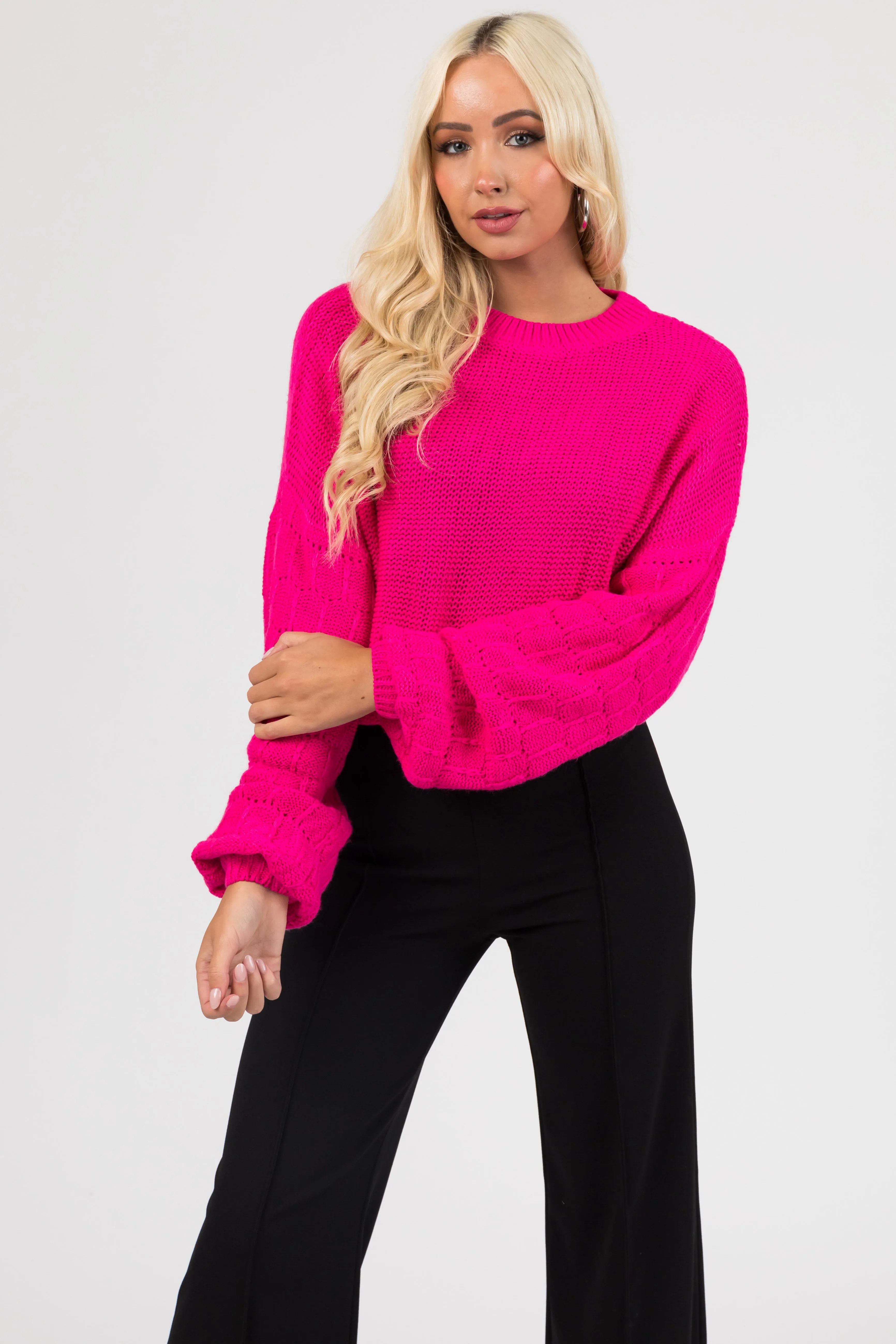 Hot Pink Checkered Textured Sleeve Sweater sold by Lime Lush product image thumbnail 4
