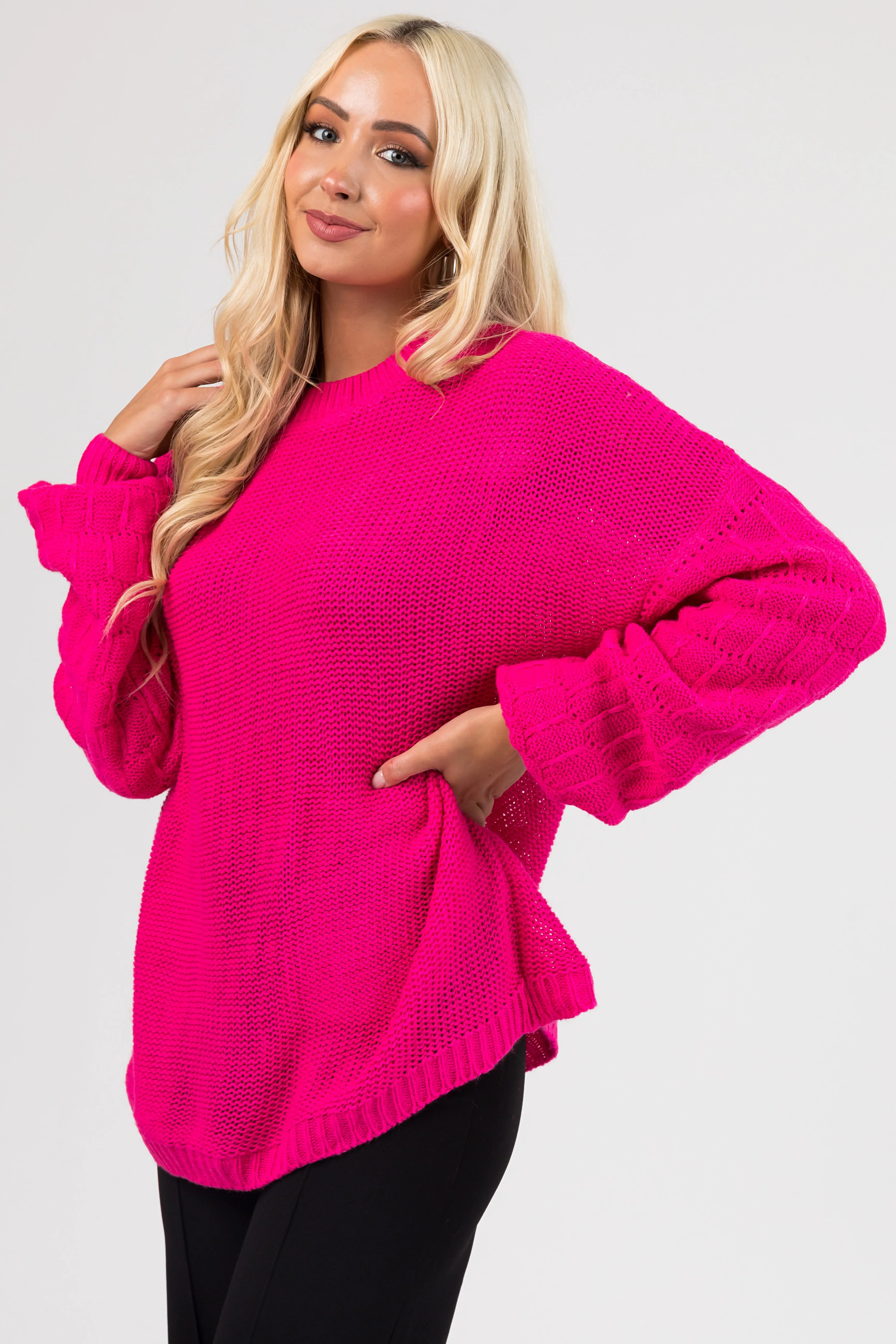 Hot Pink Checkered Textured Sleeve Sweater sold by Lime Lush
