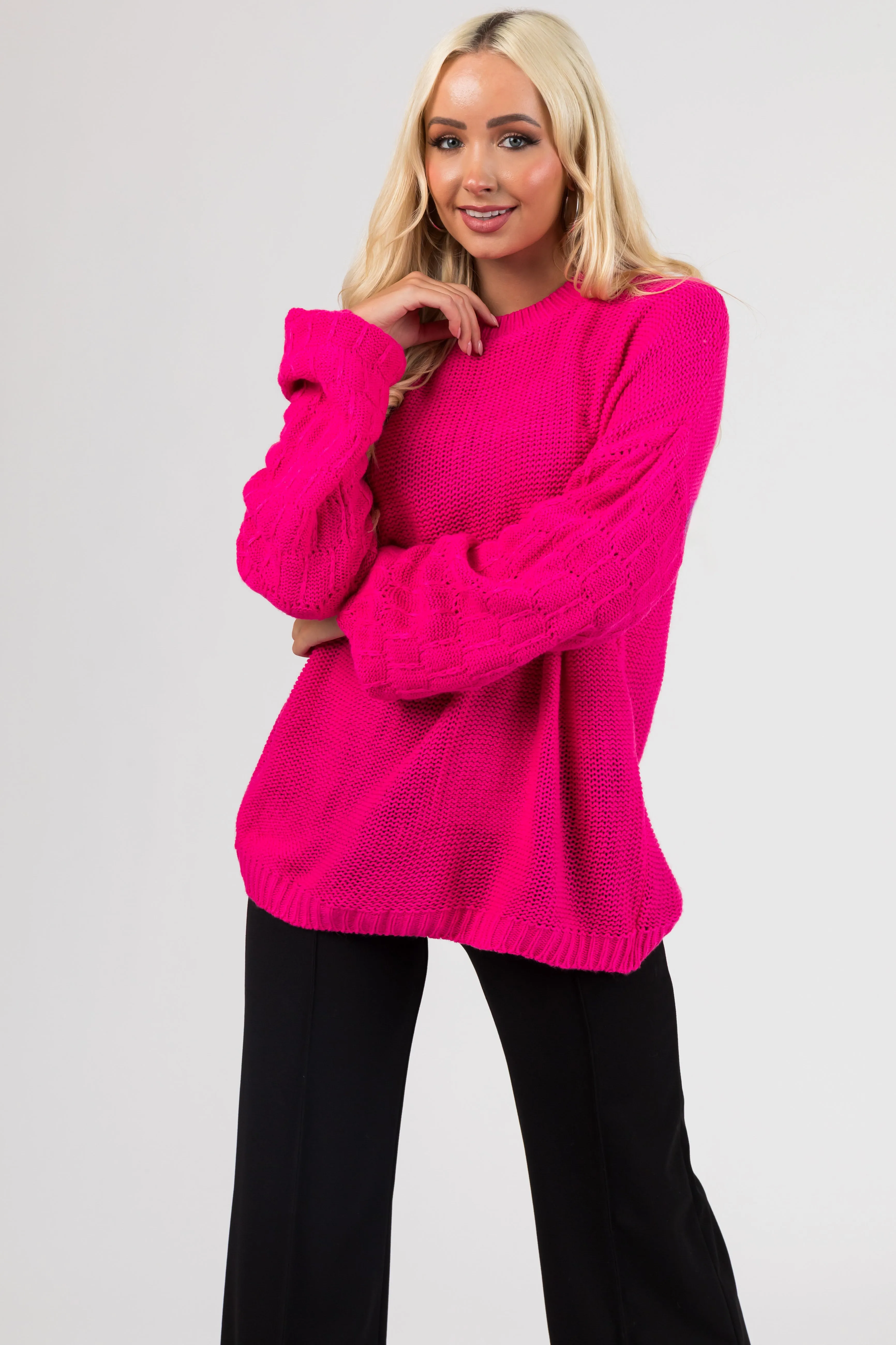 Hot Pink Checkered Textured Sleeve Sweater sold by Lime Lush product image thumbnail 2