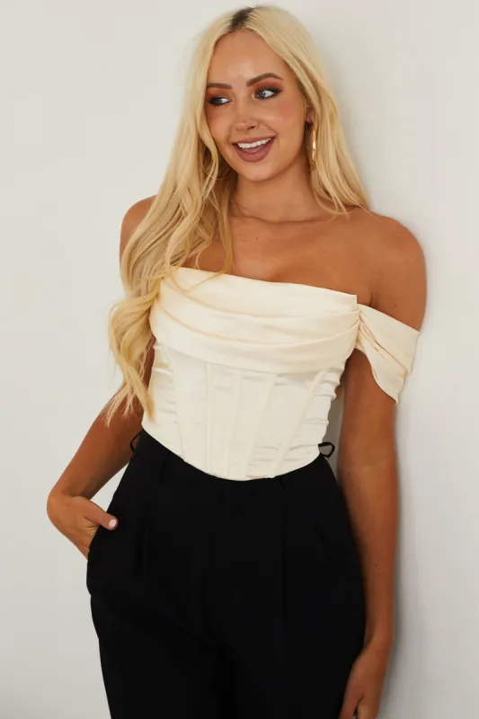 Champagne Ruched Off Shoulder Satin Corset Top sold by Lime Lush
